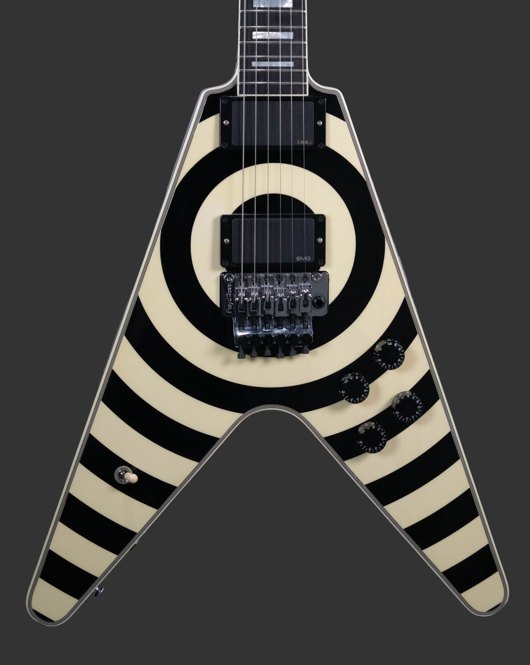 Closer front view of the Bullseye body, pickups, and Floyd Rose bridge