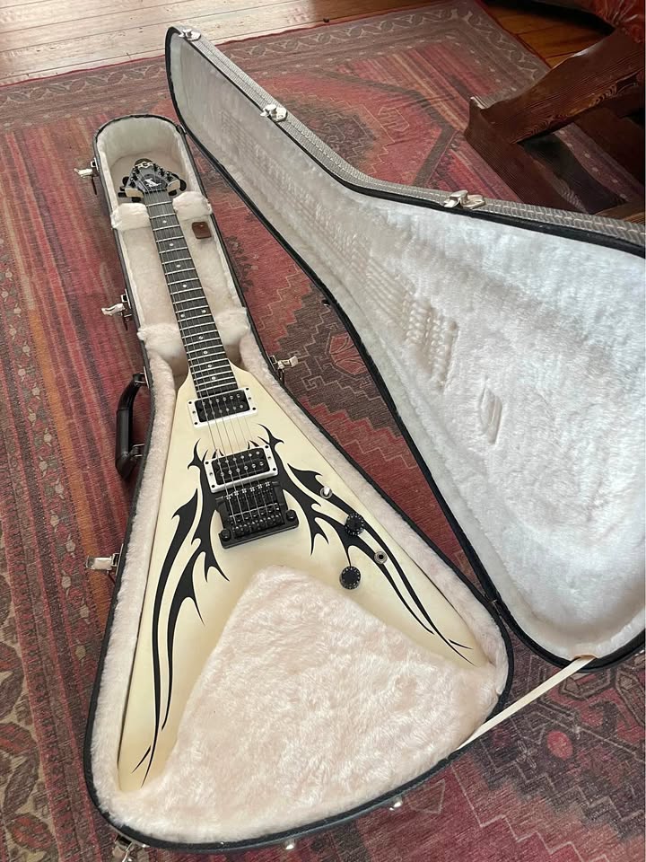 Full view of the white Gibson Tribal V with black graphics in its case