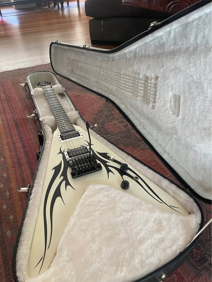 Closer full view of the Gibson Tribal V in its case