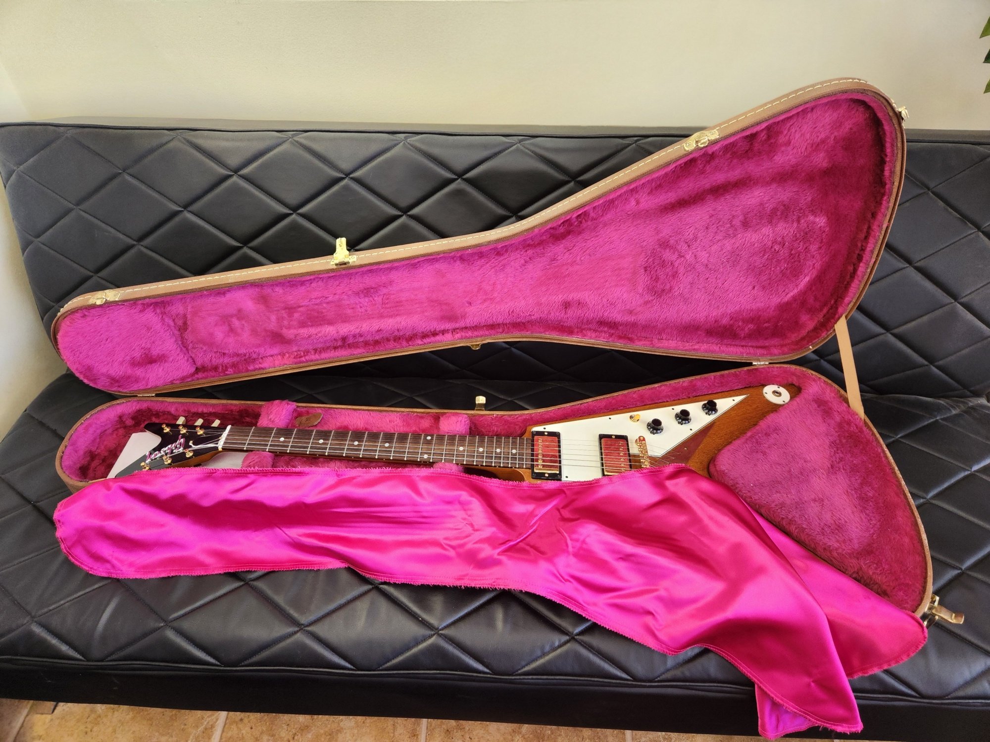 2011 split-headstock Flying V in its case