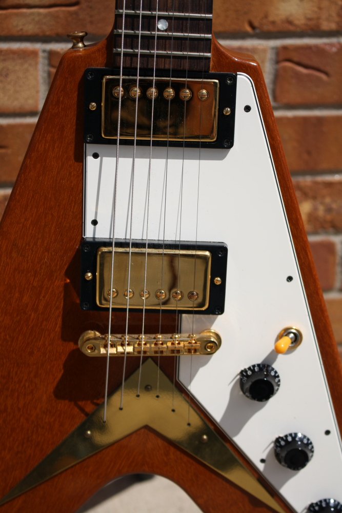 Pickup and bridge detail of the 2011 split-headstock Flying V