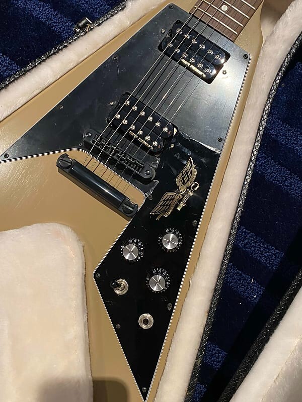 Close-up of the Government Series Flying V body, pickups, bridge, and controls