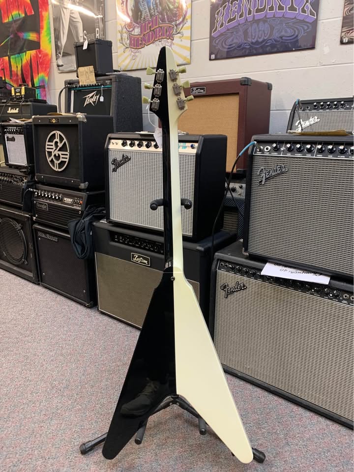 Back view of the second 1993 Rudolf Schenker Flying V, showing its black-and-white split finish