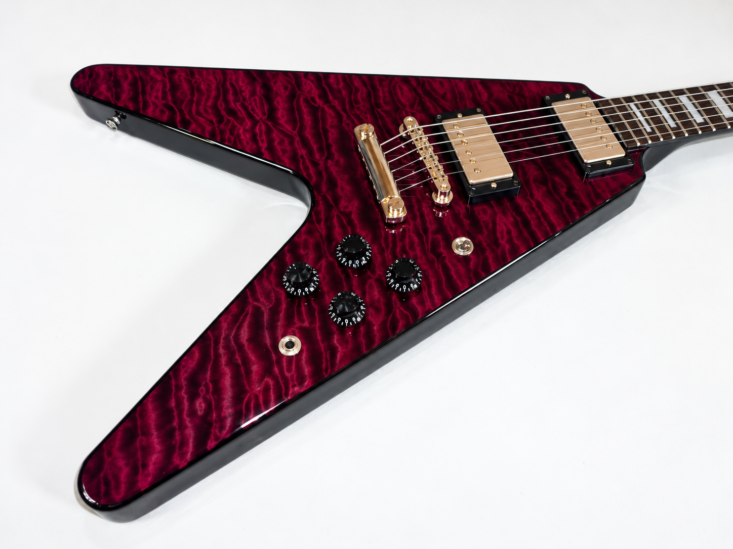 Body detail of the purple translucent quilt-top Flying V