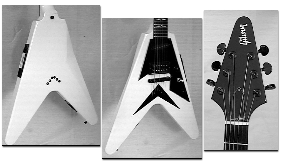 Alpine White Gibson V90 Double shown in a three-panel detail collage